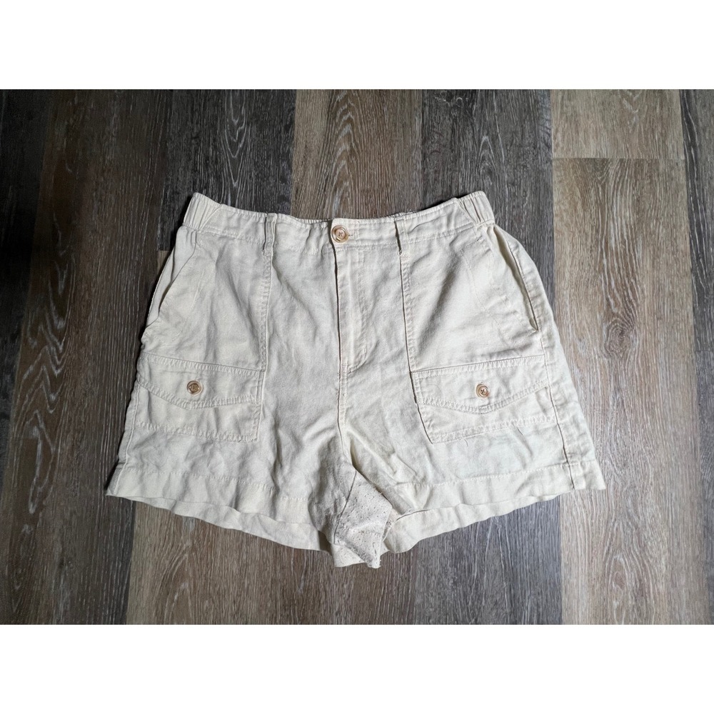 ONE5ONE Utility Shorts Womens Large Beige Good Linen Blend High Rise Pockets